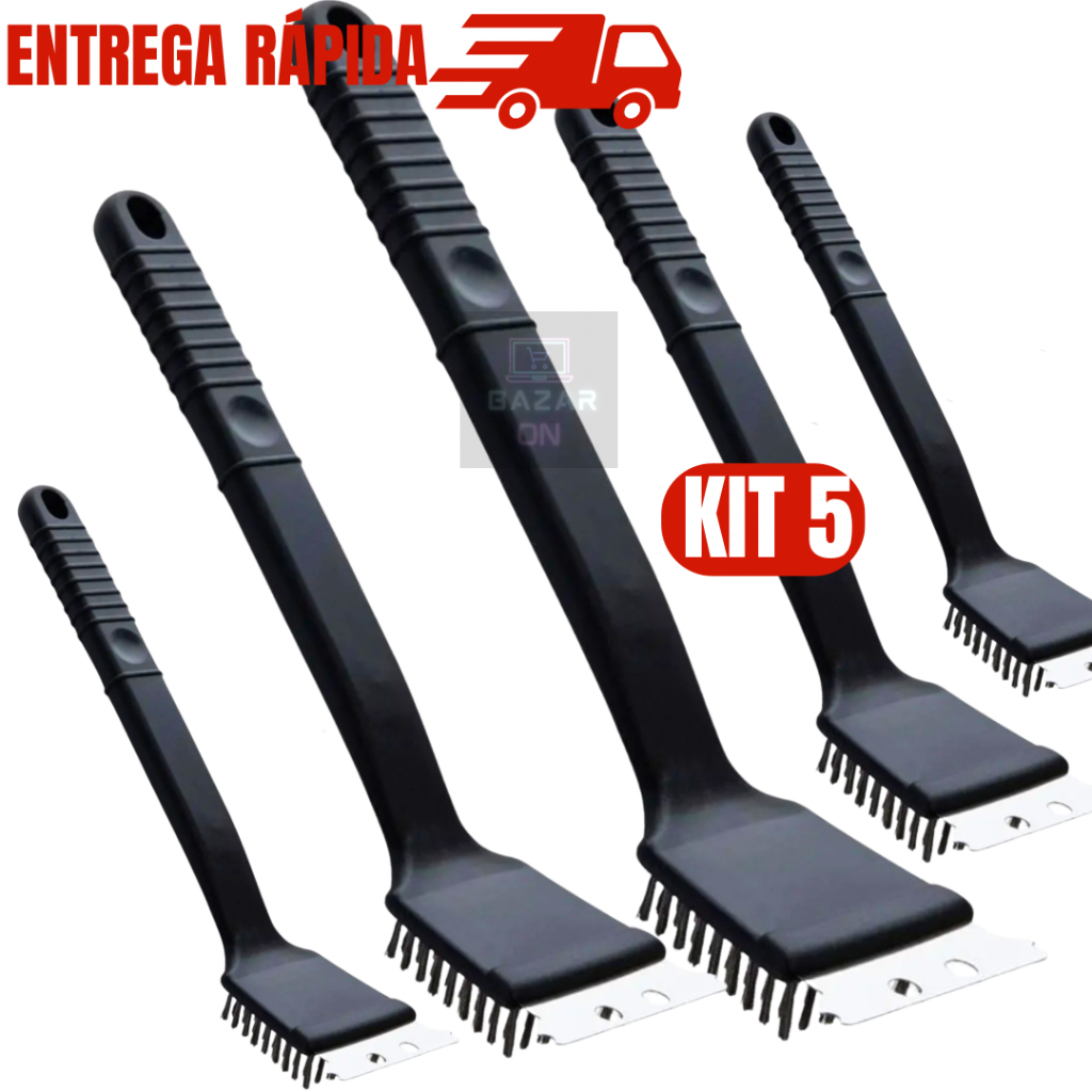Kit 5 Escovas Para Grelha Churrasqueira com Espátula Raspador Cerdas em Aço Limpa Grelha