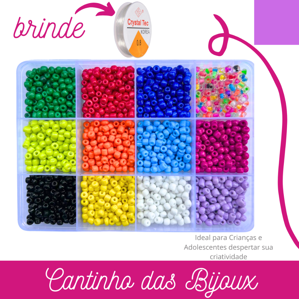Kit Miçangas de vidro Completo colorido infantil entremeio pulseira colar aprox 1200 pçs + Silicone