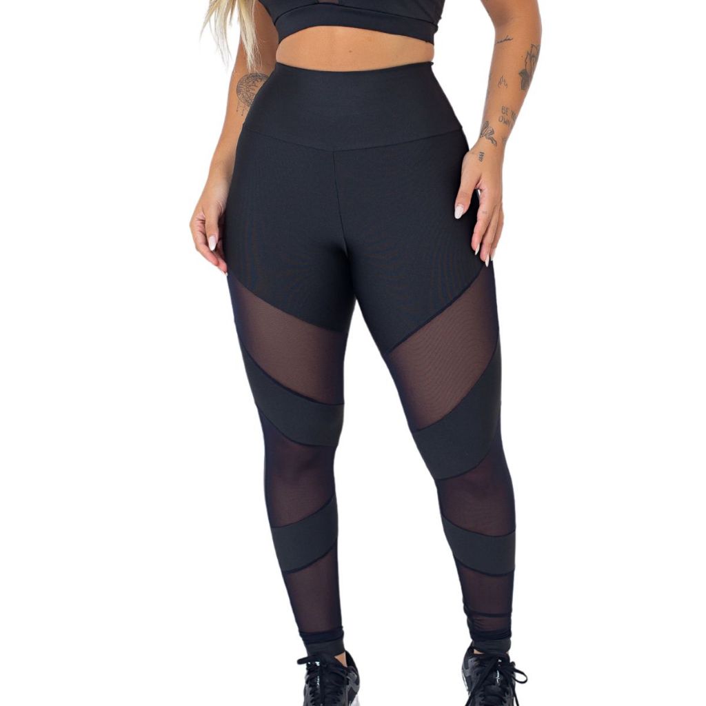 Calça Legging Fitness Academia Detalhe Tule Cintura Alta Roupa