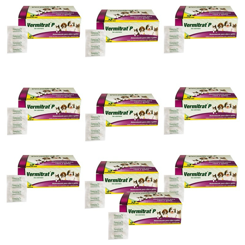 Kit C/ 10 Cartelas Vermitrat P com 6 comprimidos Vermífugo para Cachorro e Gato P Indulbras Val: 2027