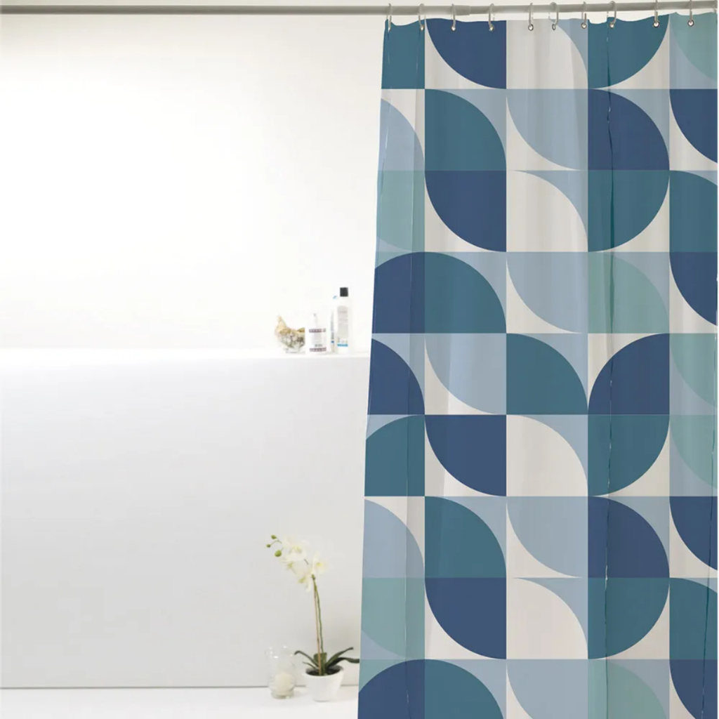 Cortina Para Box Banheiro Poliéster 198x180cm Ondas Azul Cortina Lavável Antimofo Com Ganchos