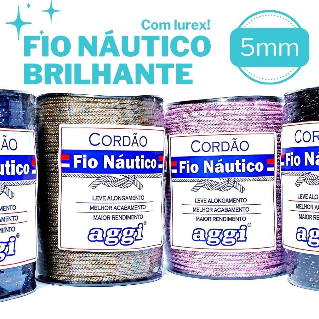 Fio Náutico Premium Brilho Brilhante PP Lurex 5mm AGGI 500g  200 metros Bolsas Crochê Macramê em Oferta na Shopee