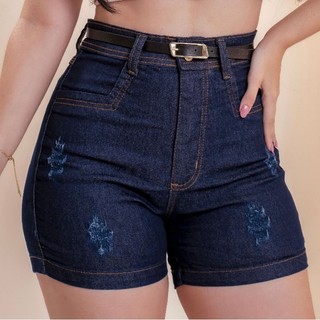 Short Jeans feminino com cinto de couro, com lycra (estica) duas cores, cintura alta