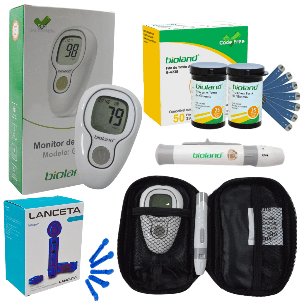 Kit Monitor de Glicose Aparelho Medidor de Glicemia Completo 50 Tiras 100 Lancetas Bioland