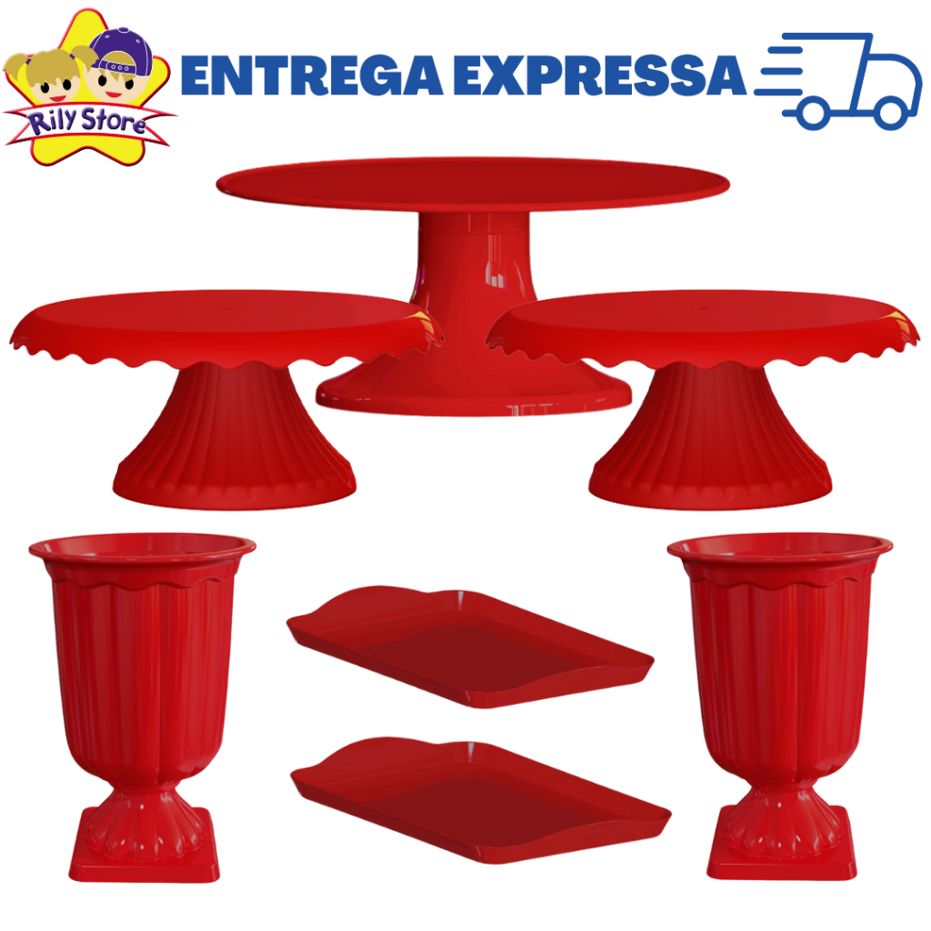 Kit Cone Lisa 28cm + 2 Boleiras Cake Renda 19cm + 2 Bandejas 20x13cm + 2 Vasos Grego + Variedade de cores