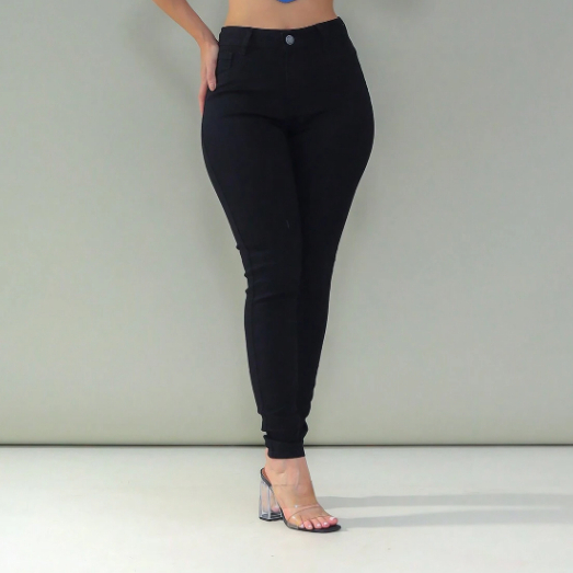 Calça Jeans Preta Skinny Feminina Cós Alto Levanta Bumbum Com Lycra