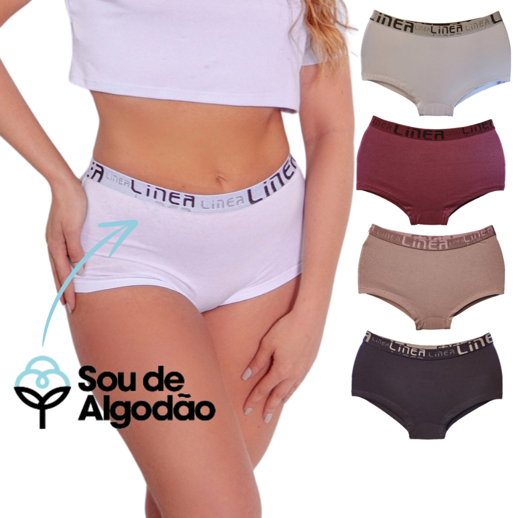 Kit 4 Calcinhas Cueca Boxer Lisas Cós Alto e Reforçado Algodão Anti-Alérgica - 010