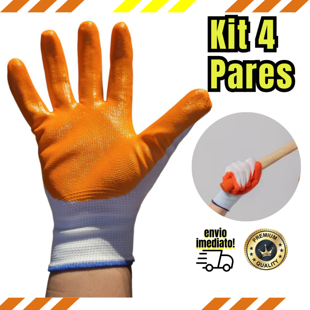 Luva de Segurança Kit c/ 4 Pares Poliéster Látex Luva Emborrachada Construção Pedreiro