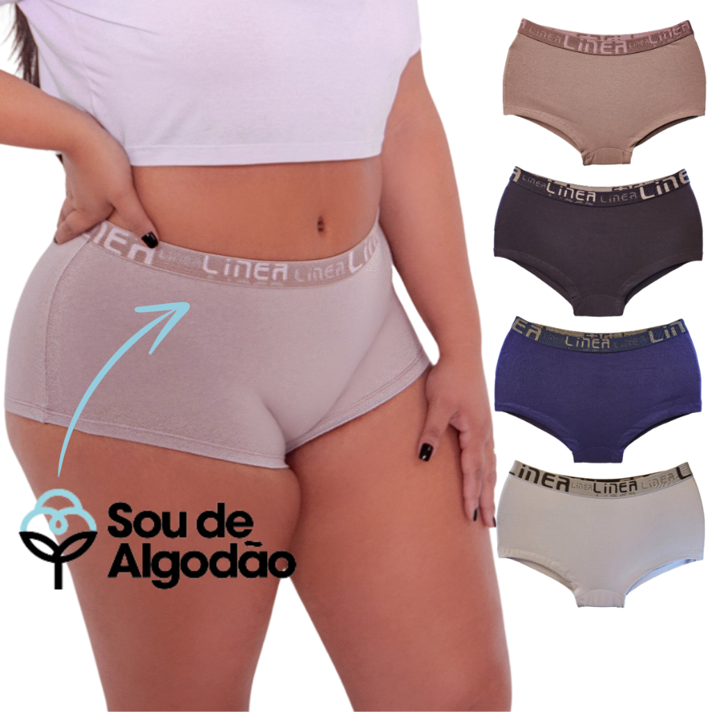 Kit 4 PLUS SIZE Calcinha Cueca Boxer Cós Alto e Reforçado Algodão Anti-Alérgica - 015