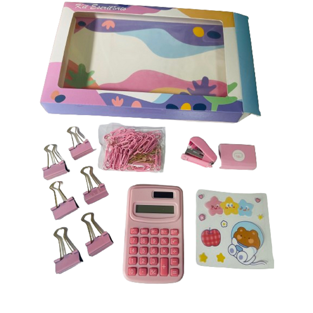 Kit Escritório Papelaria Com Calculadora Grampeador Clipes