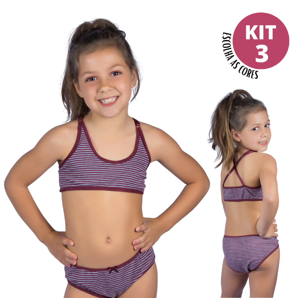 Kit 3 Conjuntos Calcinha Sutiã Feminino Infantil Juvenil Cotton Lorena Alça em X Confortável