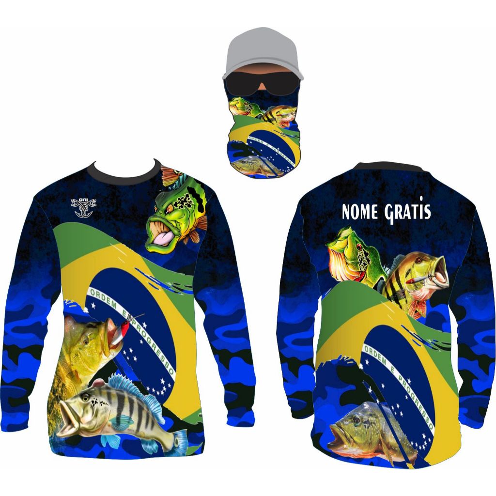 camiseta de pesca uv50 tucunare brasil nome gratis e bandana ref201
