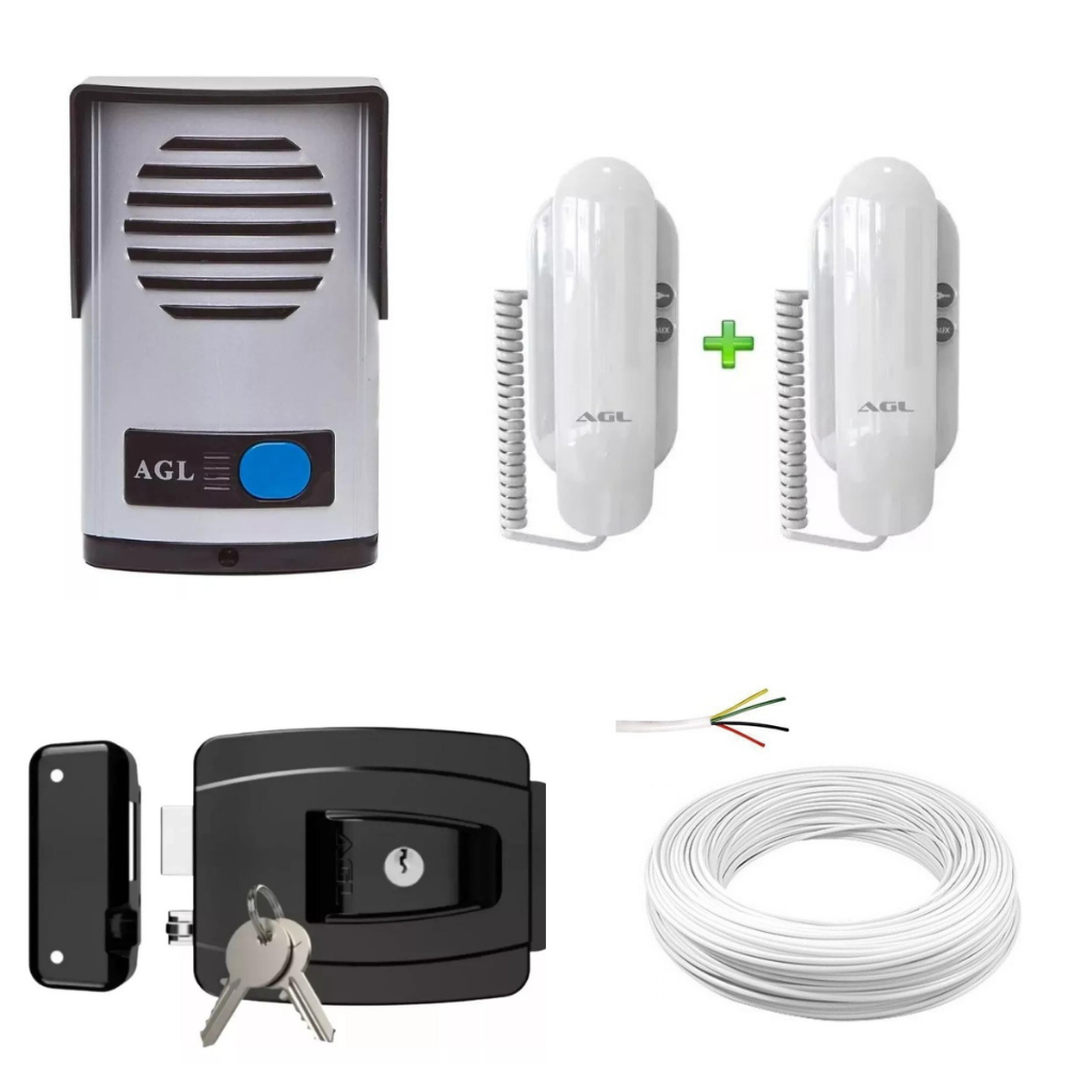 Kit Porteiro Eletrônico Agl P10s + 1/s100 + Fechadura Reversível Agl + Cabo 4 vias