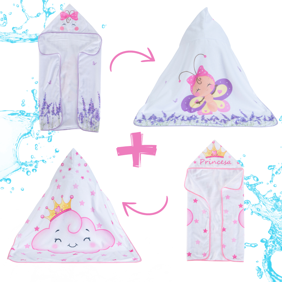 Kit 2 toalhas de banho capuz menina Borboleta Lavanda + Nuvem Rosa Dupla Camada Fralda 100...