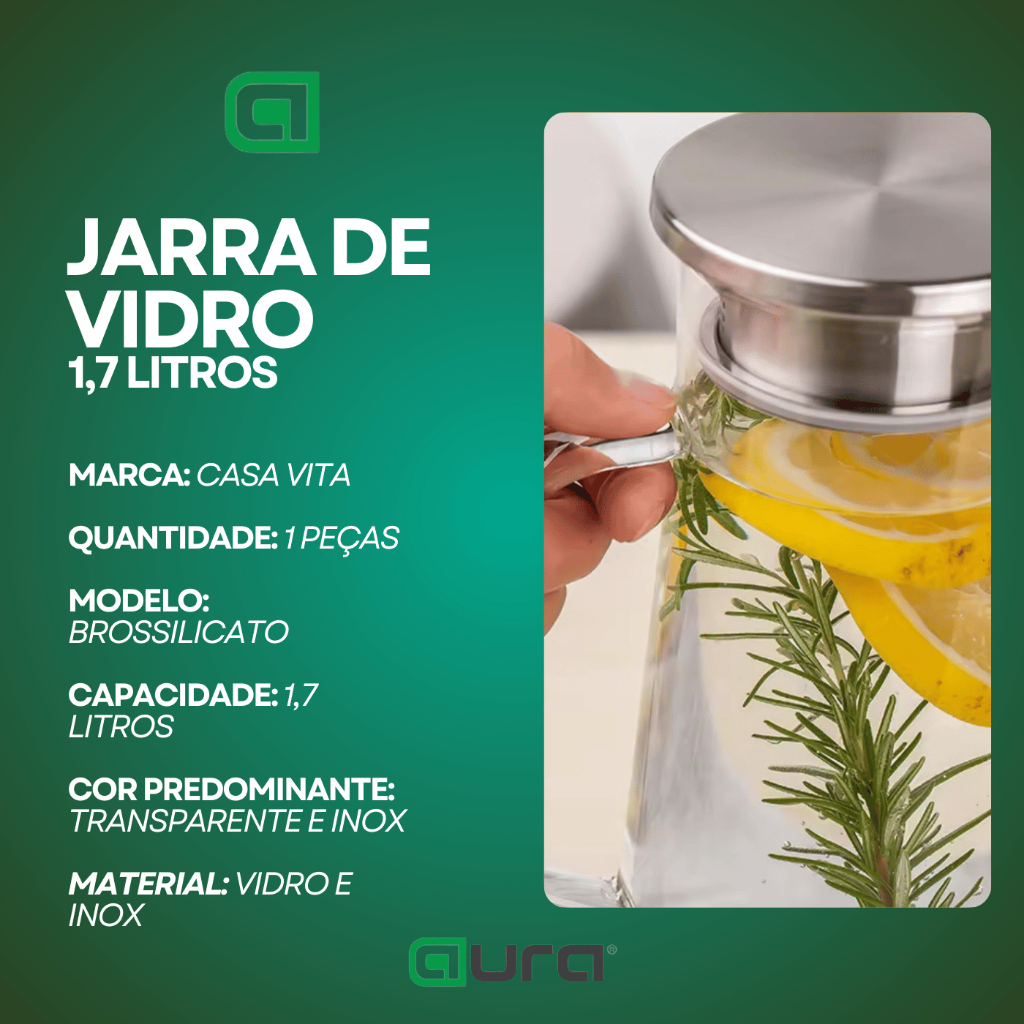 Detalhes do Jarra de Vidro 1,7L Borossilicato Transparente com Tampa Inox