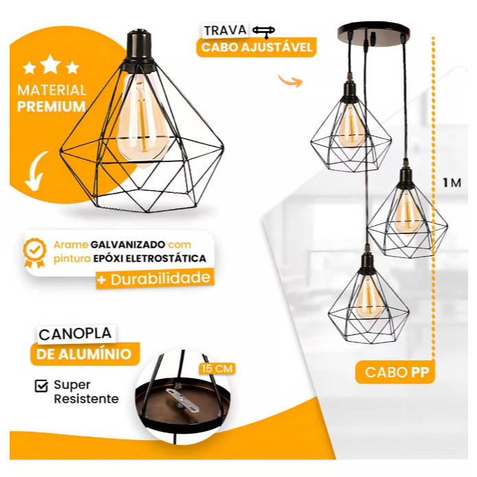 Detalhes do 3 Pendentes Luminaria Diamante Preto Triplo Canopla Unica Retro Vintage