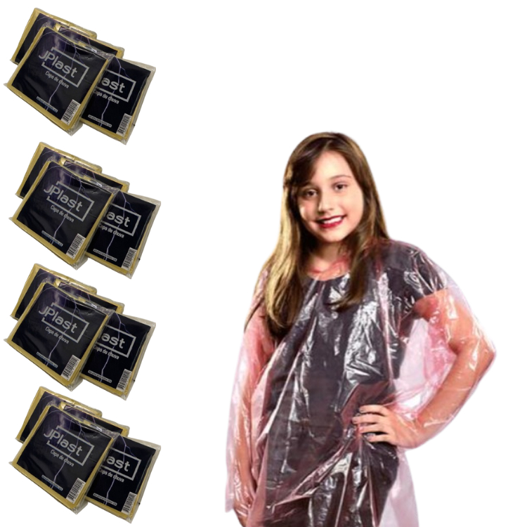 kit 100 Capas de chuva descartável Infantil transparente com capuz atacado