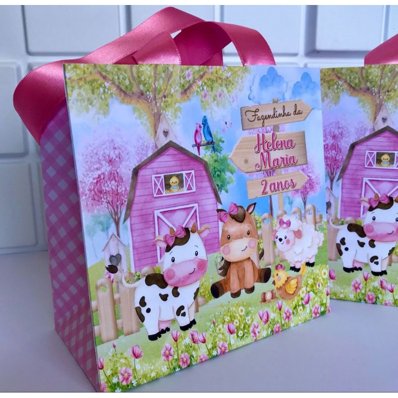 Sacolinha Personalizada Fazendinha Aquarela Rosa (30 unidades) Sacolinha surpresa - Lembrancinhas - Kit Festa
