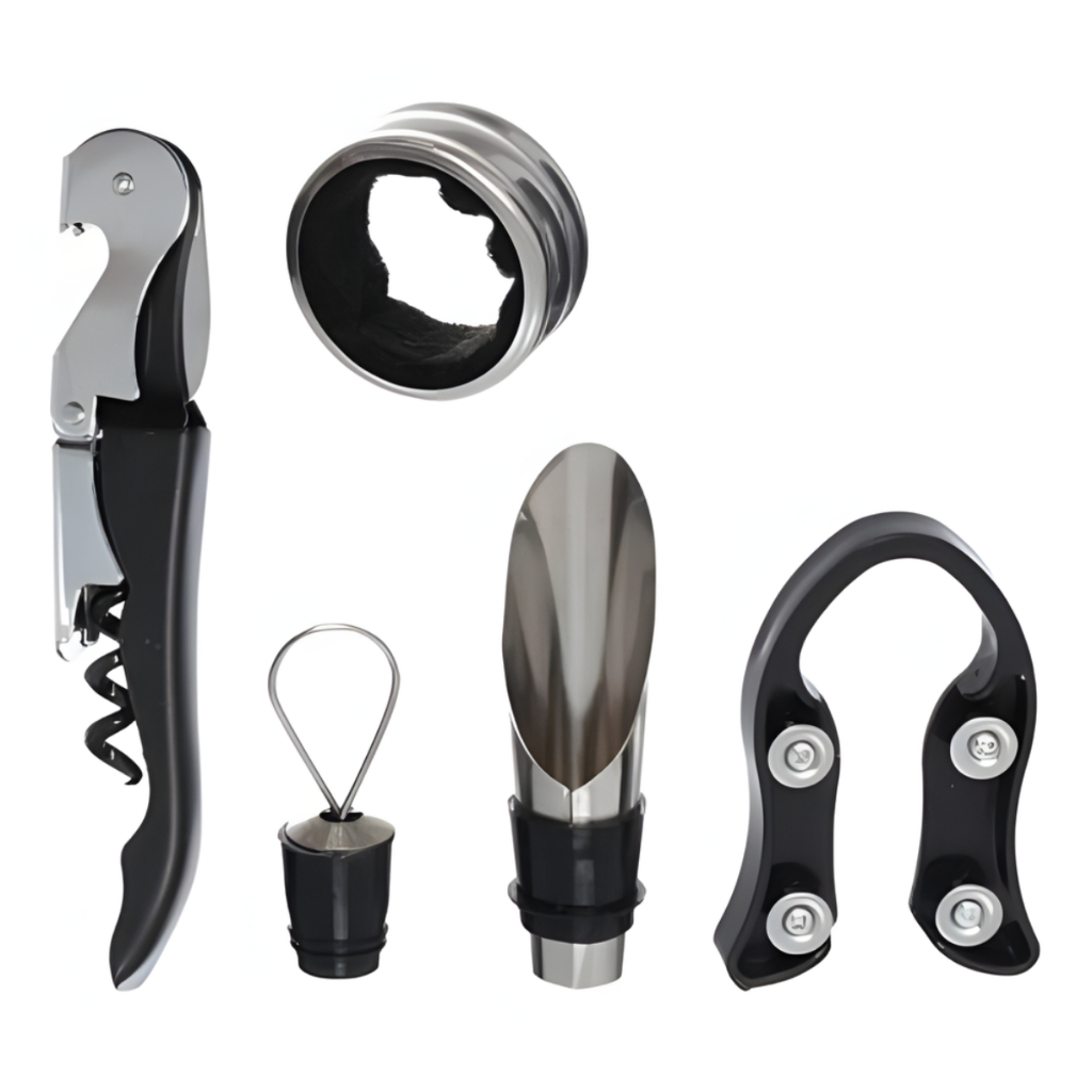 Kit Abridor Saca Rolhas De Vinho e Garrafas Com 5 Peças Inox