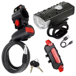 Kit Acessórios Bicicleta Farol Com Sinalizador Recarregável Usb + Trava De Segurança De Aço 2 Chaves