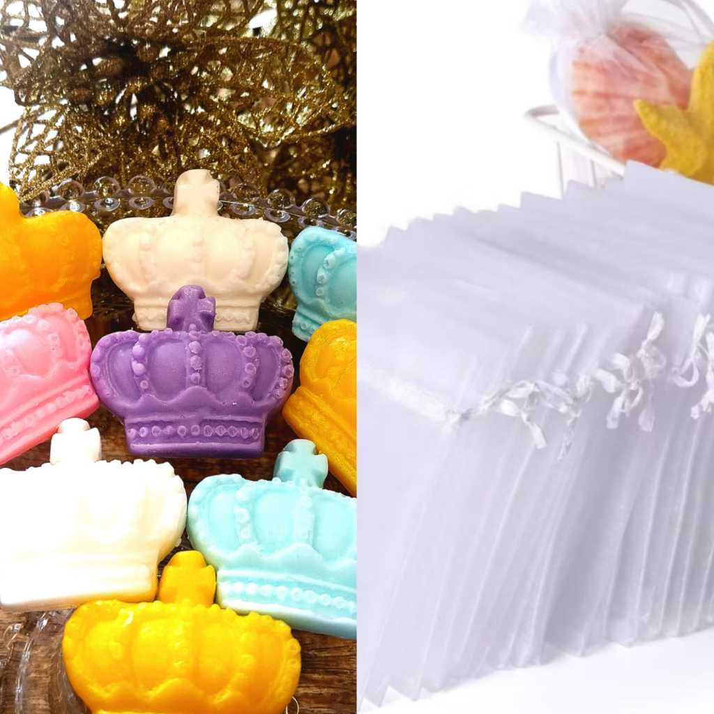 Kit Sabonetes 25 coroas+25 saquinhos de organza com fitinha Lembrancinhas Perfumadas cha de bebe