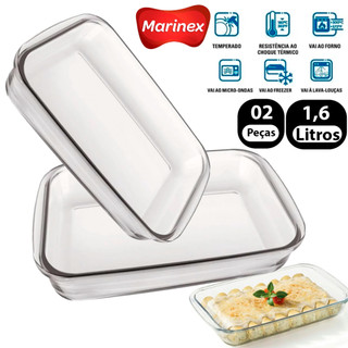 Kit 2 Lasanheiras Marinex Assadeira 1,6L retângular Travessa Cozinha Refratária de Vidro