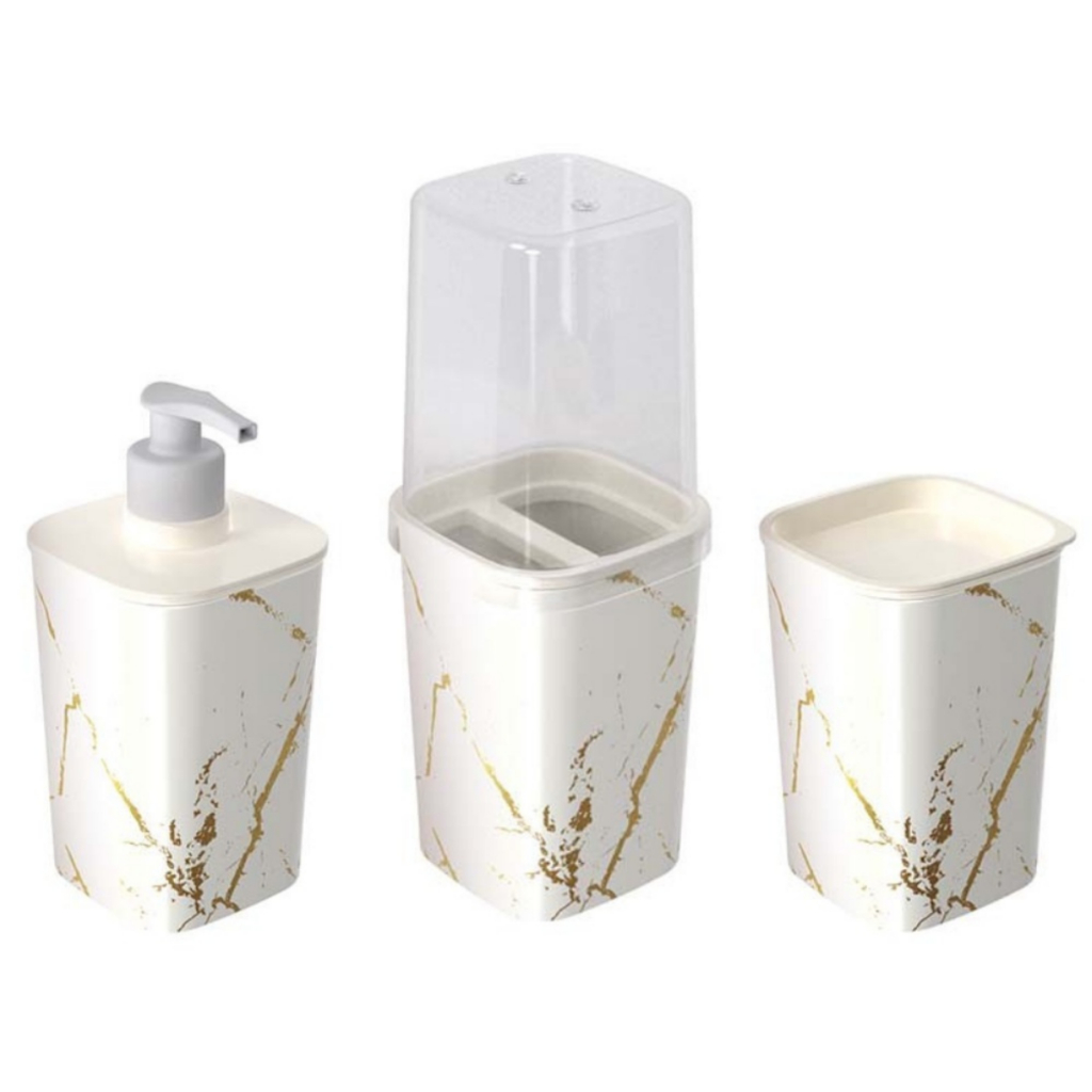 Kit Pia de Banheiro 3 Peças Dispenser Sabonete Líquido Porta Escova de Dente Porta Algodão...