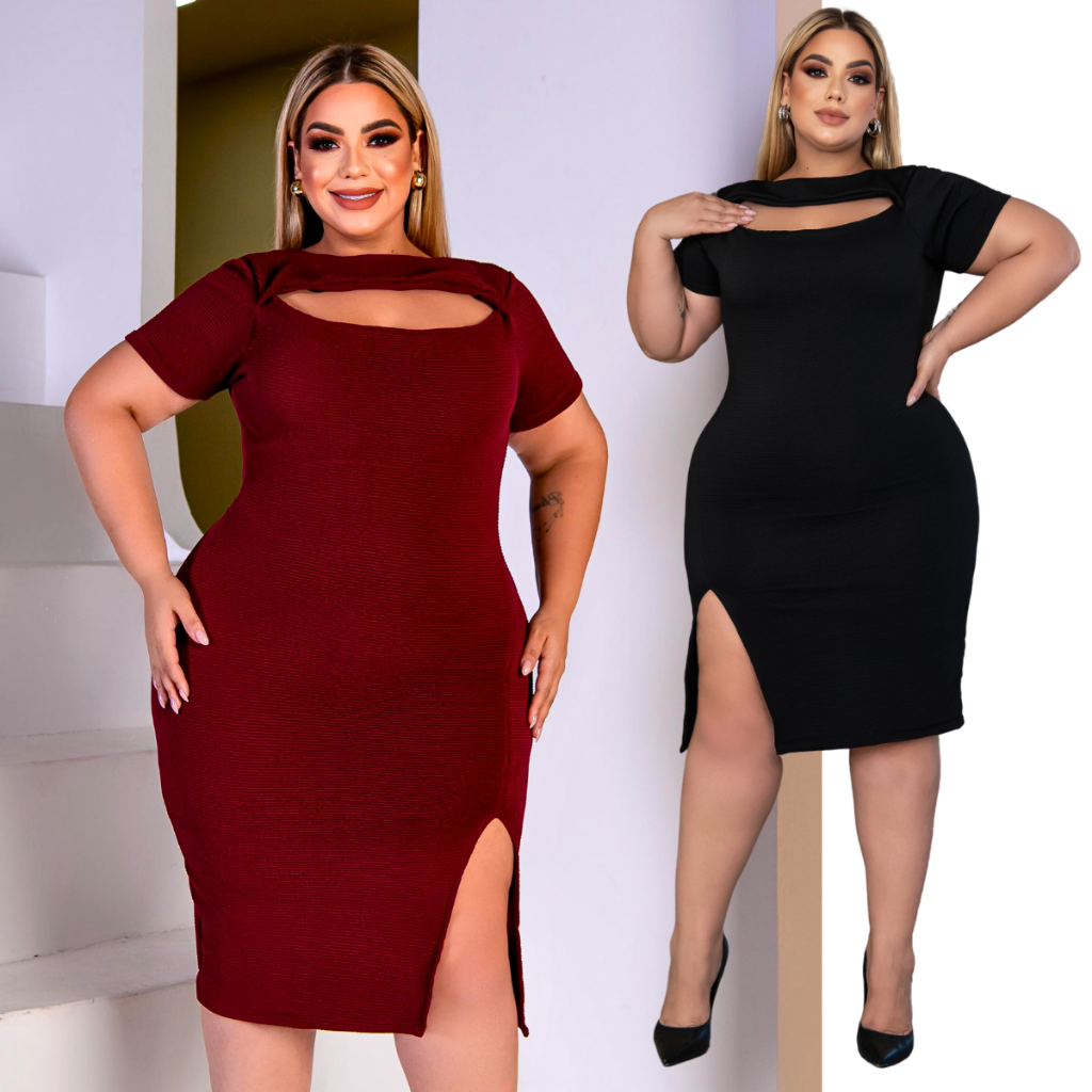 Vestido Feminino Tubinho Plus Size  Midi Com Fenda e Maguinha Linha Luxo Tendência Curve Premier Até 54