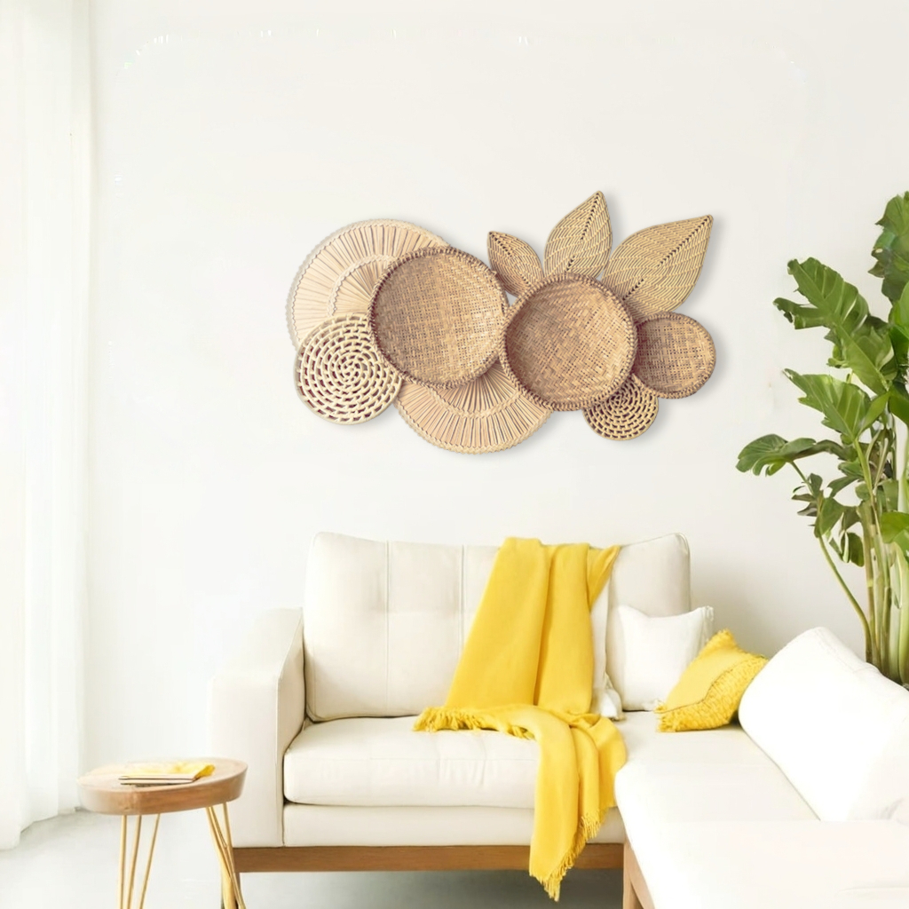 Decoração De Parede Boho Composição Cestos Leques Peneiras Palha