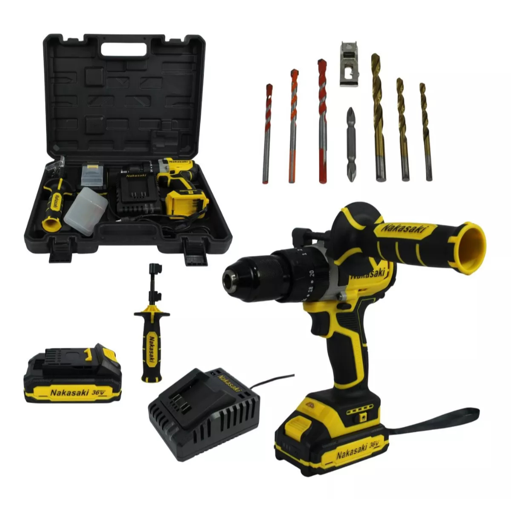 Furadeira de Impacto e Parafusadeira a Bateria 36v Nakasaki + Maleta e Acessórios Oferta Relâmpago