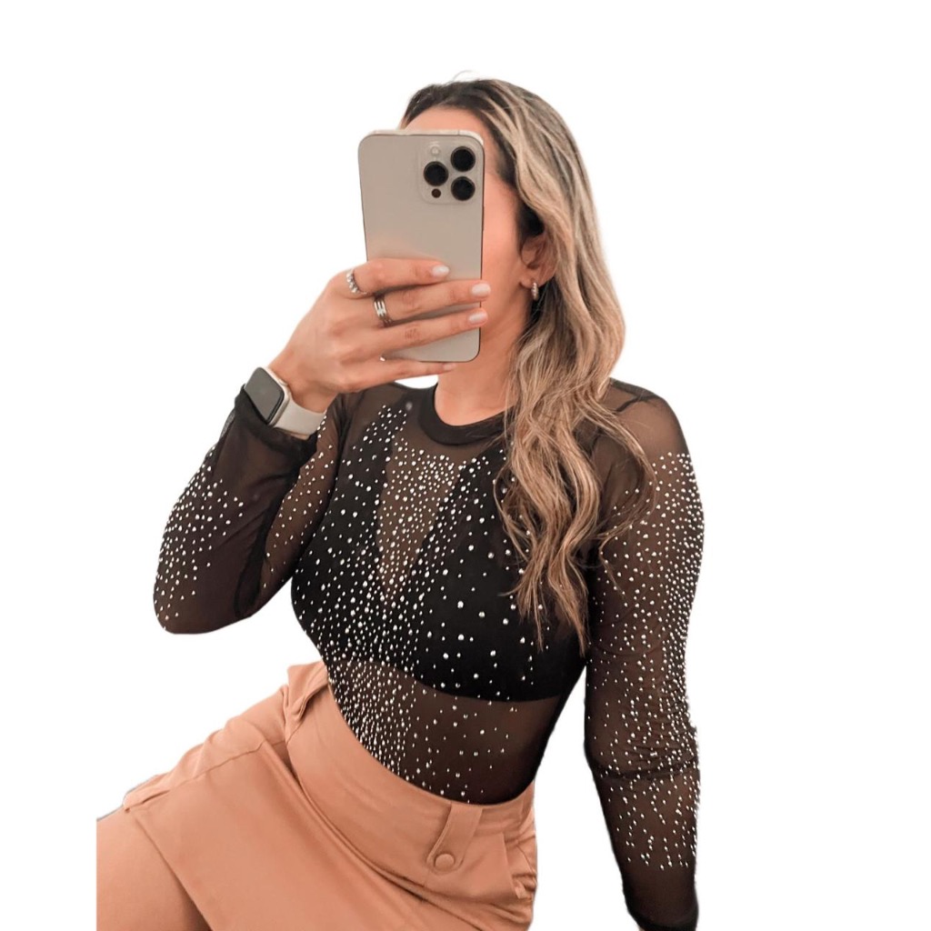 Body Tule Pedraria com Brilho Manga Longa Transparente Feminino Body Liso