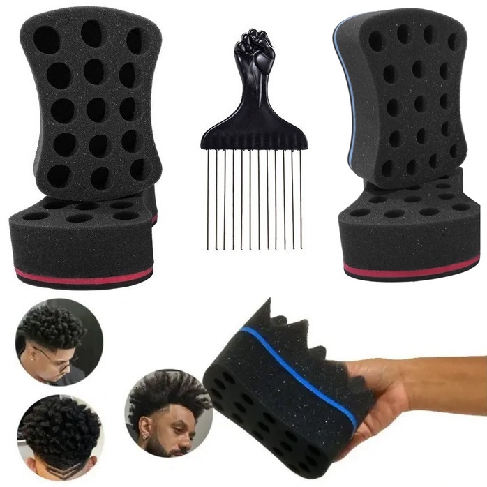 Kit Afro Premium Pente Garfo de Metal Mais Esponja Nudred Buchinha de Enrolar Cabelo AfroStyle