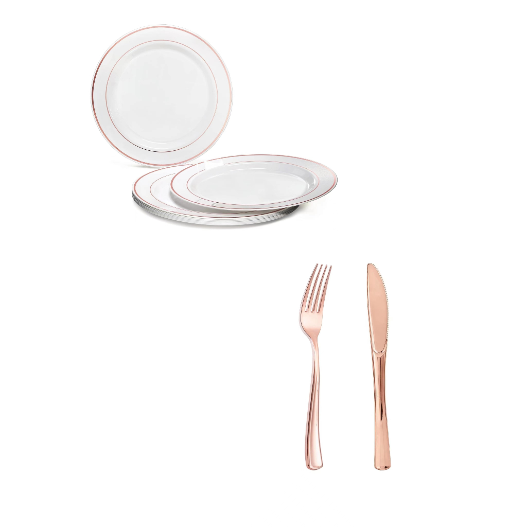 Set 450 Descartáveis pratos de jantar de ouro rosa com garfos+facas de plástico de ouro rosa, Conjunto P/150Convidados