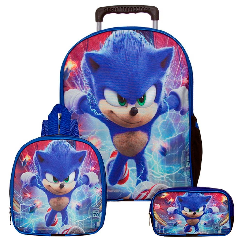 Kit Mochila Sonic com Rodinhas Infantil Escolar com Lancheira Térmica e Estojo