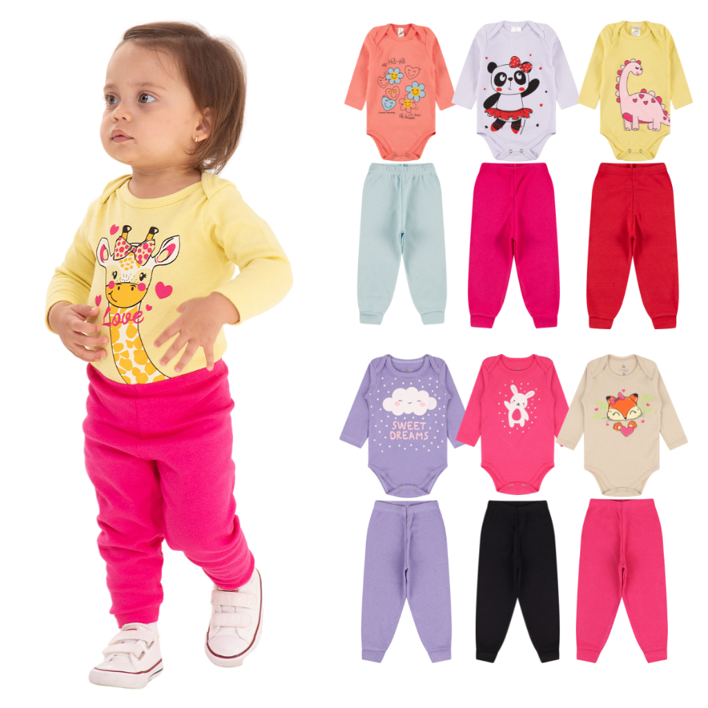Kit 8 Peças de Roupas para Bebê Menina (4 Body Longo + 4 Calça Mijão) Kit 4 Conjunto Body ...