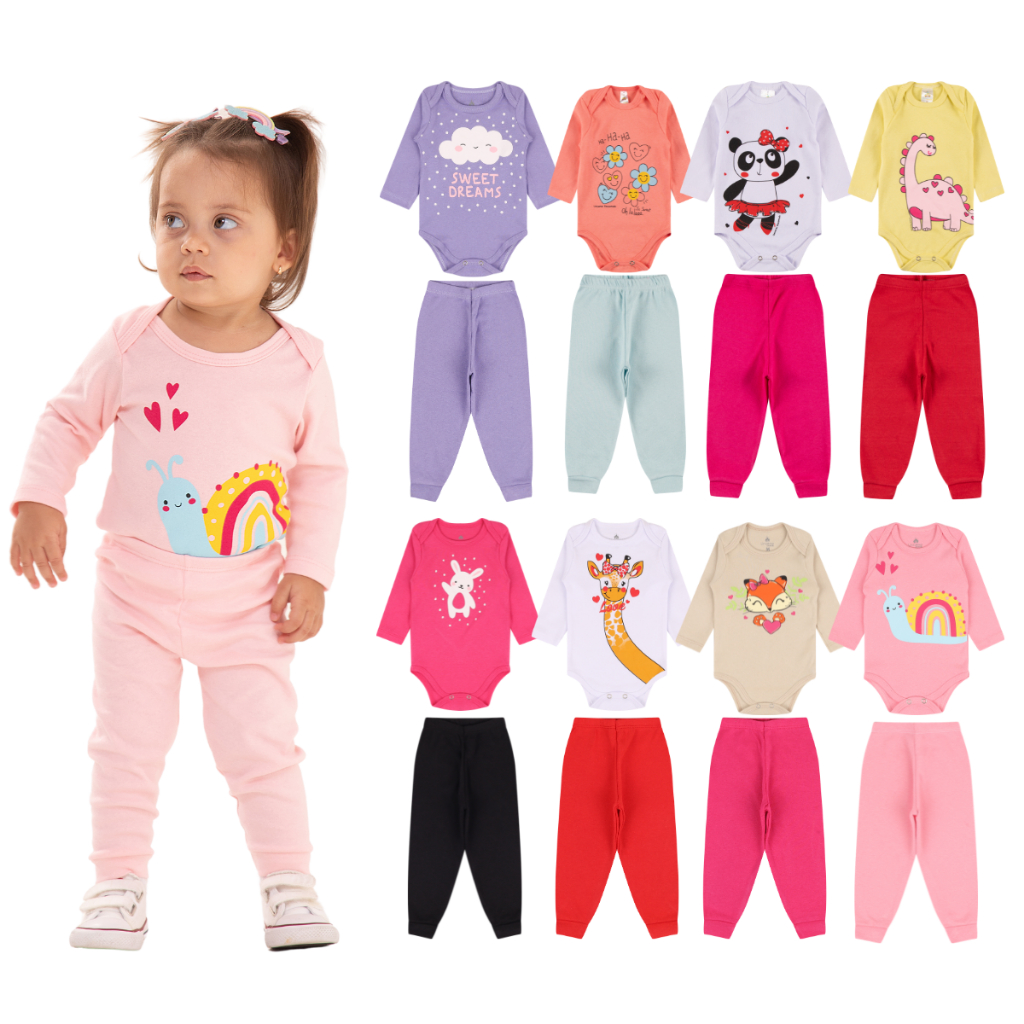 Kit 12 Peças de Roupas para Bebê Menina (6 Body Longo + 6 Calça Mijão)Kit 6 Body Roupa Infantil Bebê