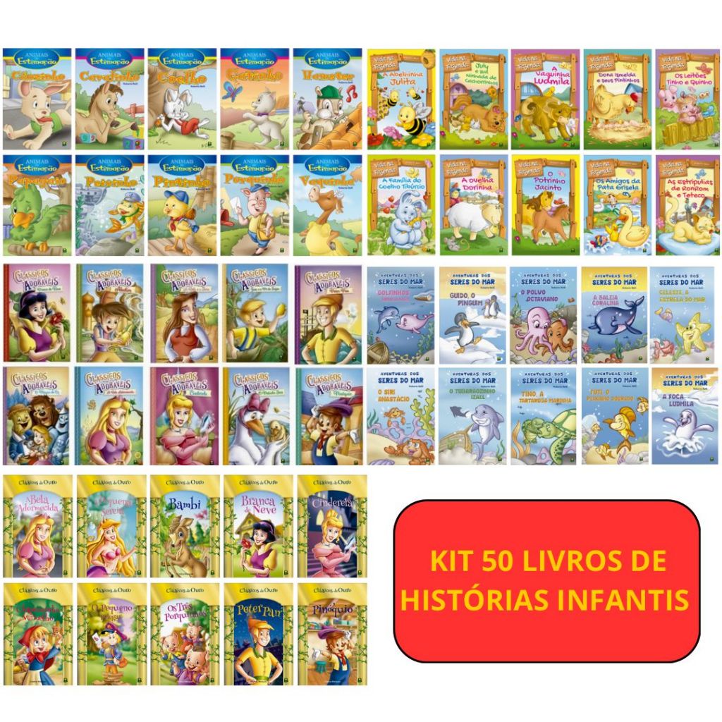Kit com 50 livros de historias infantis -  Animais de Estimação, Vida Na fazenda, Clássicos e Aventuras dos seres do Mar em Oferta na Shopee