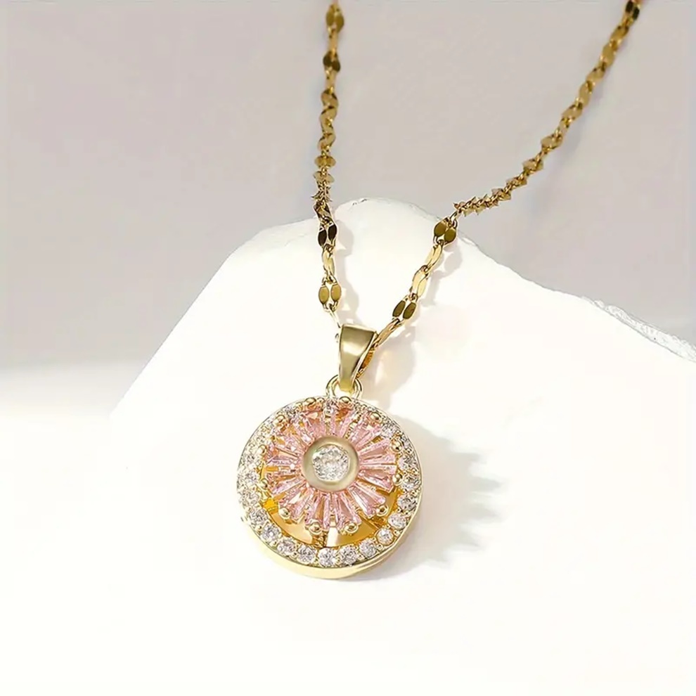 Colar Corrente Feminina Aço Inoxidável 45cm e Pingente Rotativo Flor de Crisântemo de Zircônia