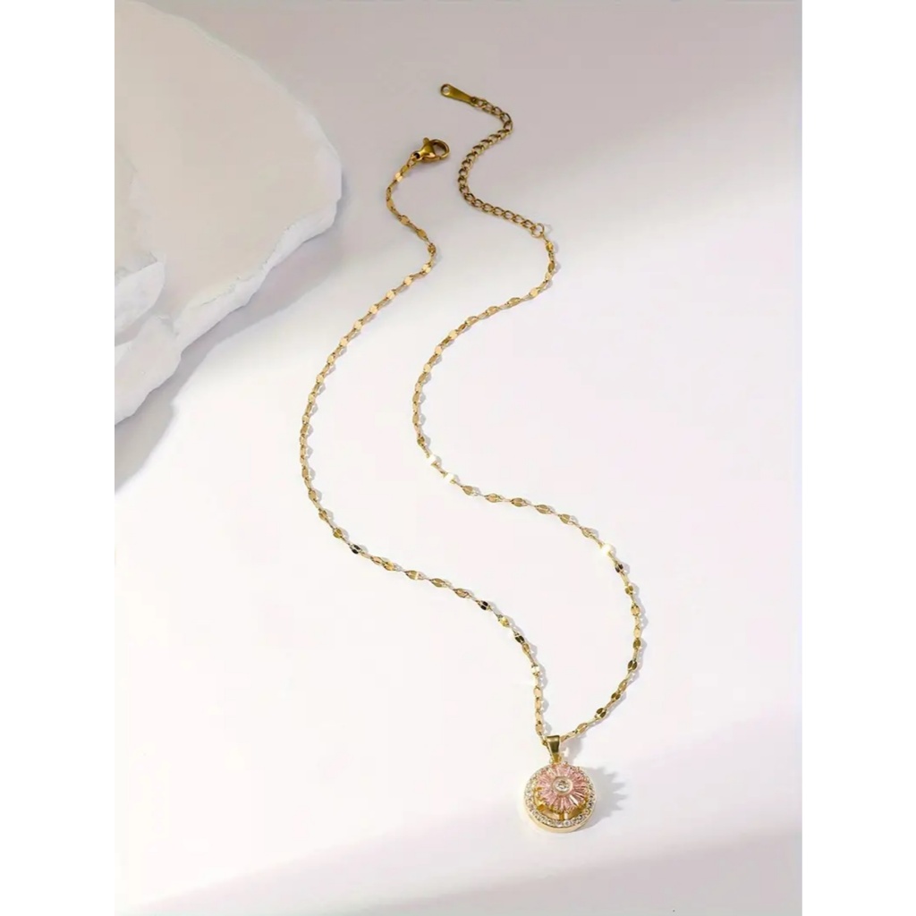 Corrente Colar Feminino 45cm Aço Inoxidável e Pingente Rotativo Flor de Crisântemo de Zircônia