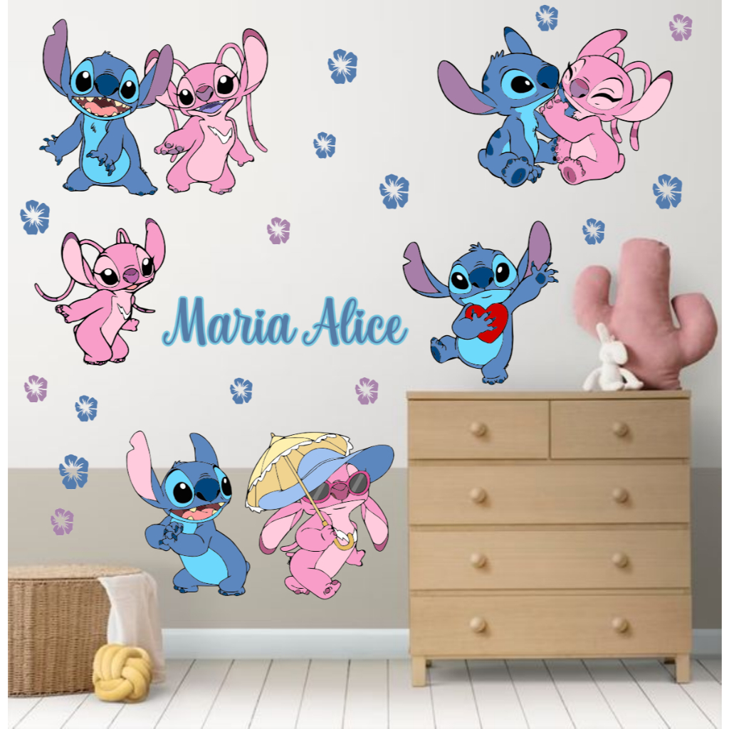 Adesivo Parede Stitch e Angel Personalizado Nome Infantil Quarto Decoração Casal