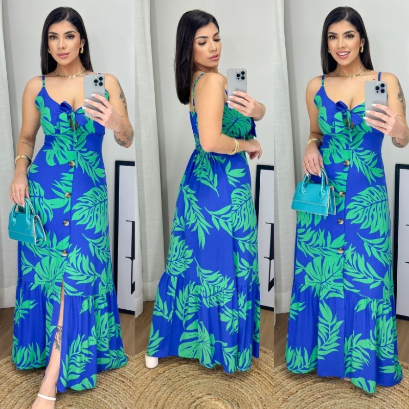 Vestido longo Femenino com fenda com Amarração na frente tecido Viscolinho- Elástico na Costa