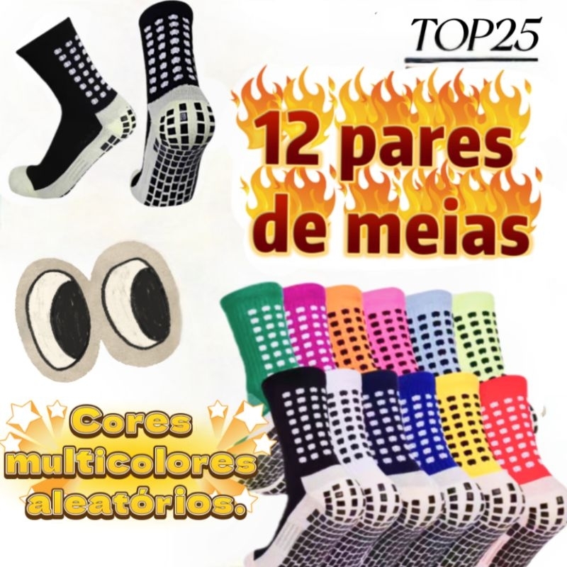 Kit 12 pares meias de futebol antiderrapantes de comprimento m em Oferta na Shopee