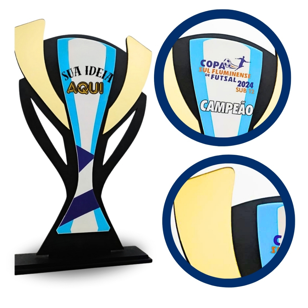 Troféu de MDF 60cm com Acrílico Personalizado Taça Dourado Campeonato Esporte Futebol Campeão Ouro
