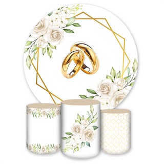Kit Painel Redondo + Capas de Cilindro Sublimados Para Festas Tema Bodas e Casamento