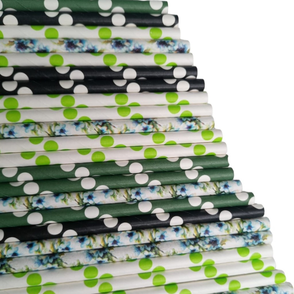 KIT C/20 Pacotes Canudo Decorado Folha de Papel Biodegradável Com Estampa Aleatória Para Festas Drinks E Topos De Bolos