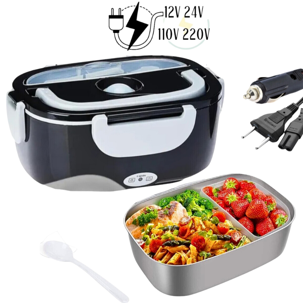 Marmita Elétrica Portátil Aquecedor de Alimentos Gourmet Lunch Box com Divisórias Lancheira 110v/220v 12v/24v