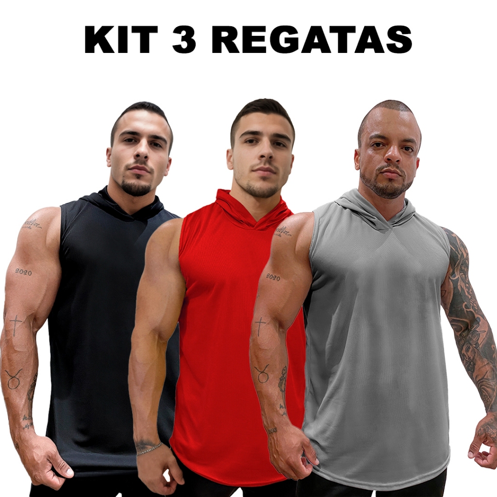 Kit 3 Regatas Preto + Metal + Cores Dry Masculina Long com Capuz Básica Lisa Sem Estampa