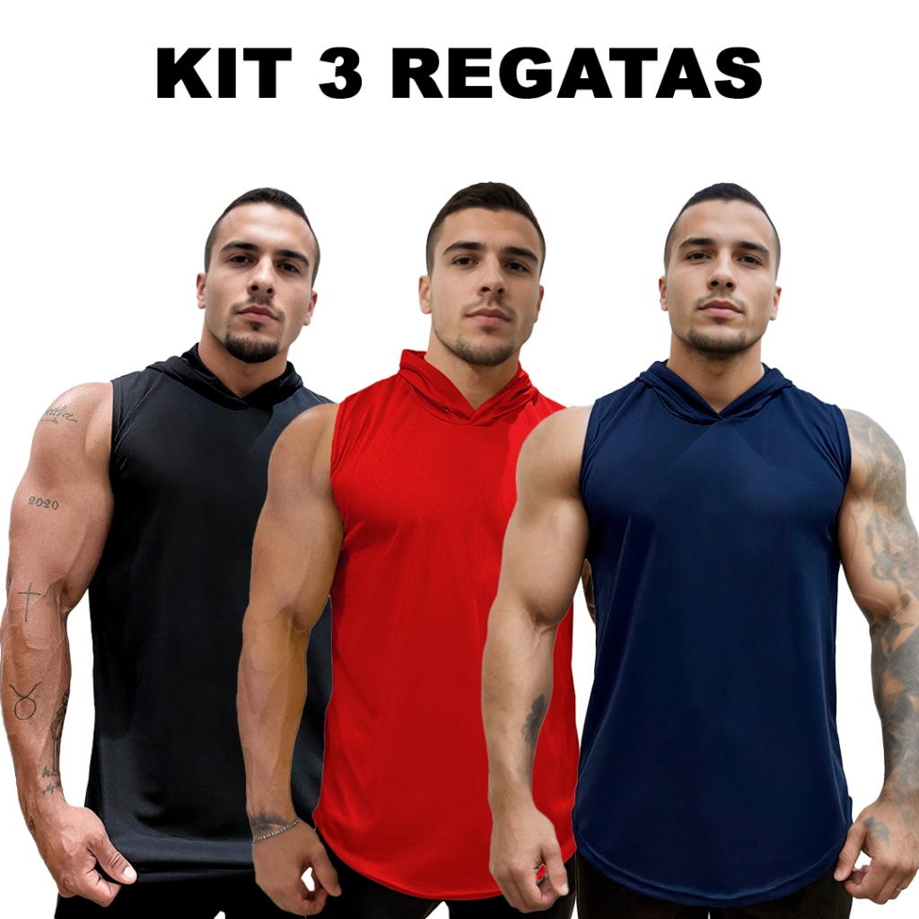 Kit 3 Regatas Preto + Vermelho + Cores Dry Masculina Long com Capuz Básica Lisa Sem Estampa