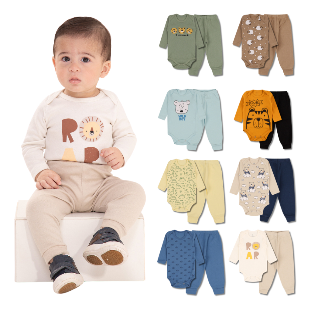Kit 6 Peças de Roupas para Bebê Menino (3 Body Longo + 3 Calça Mijão) Kit 3 Body Roupa Inf...