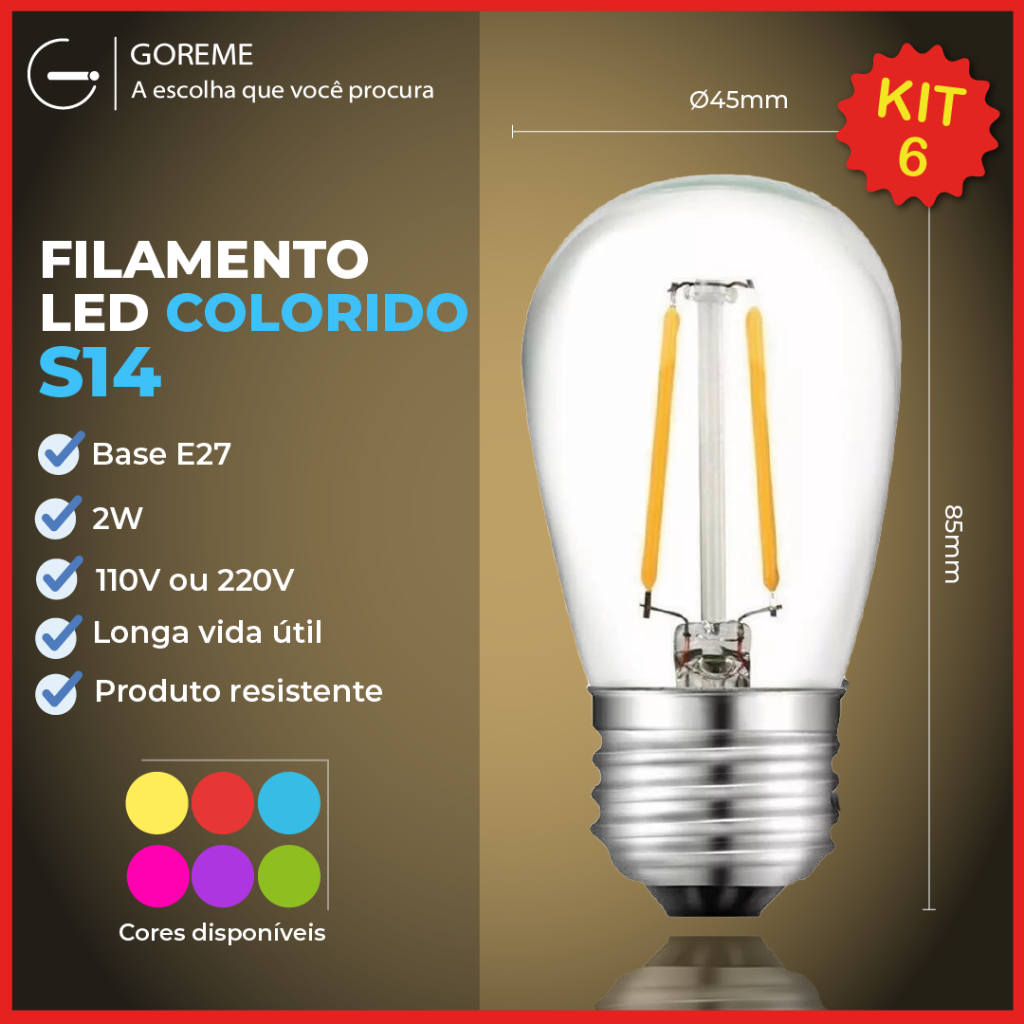 Kit 6 Lâmpada Filamento Colorido LED S14 2W E27 Luz Colorida Âmbar Retrô Vintage 110V ou 220V - Home & Living